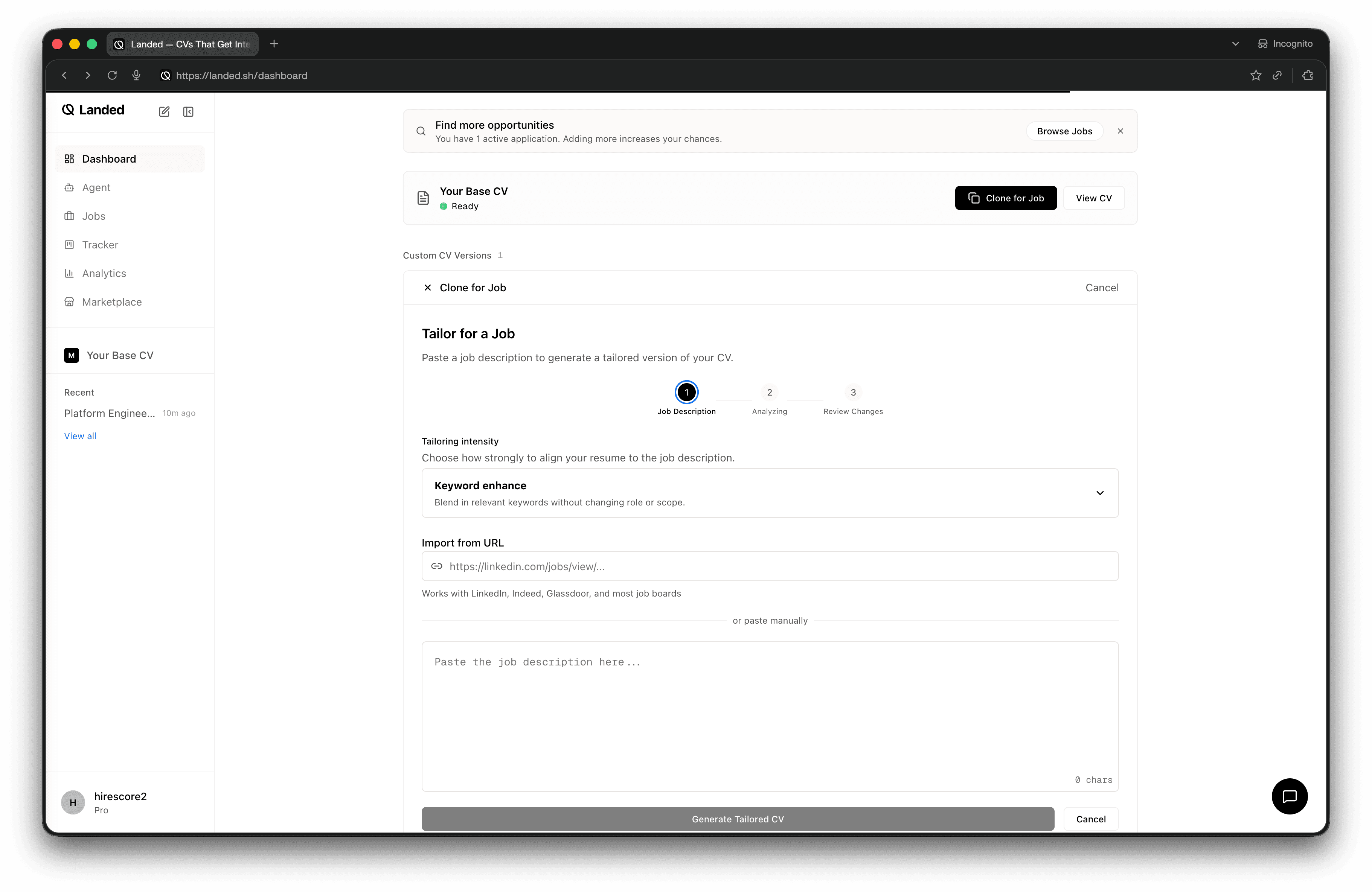 Landed dashboard — upload your CV, paste a job description, and generate a tailored CV in seconds